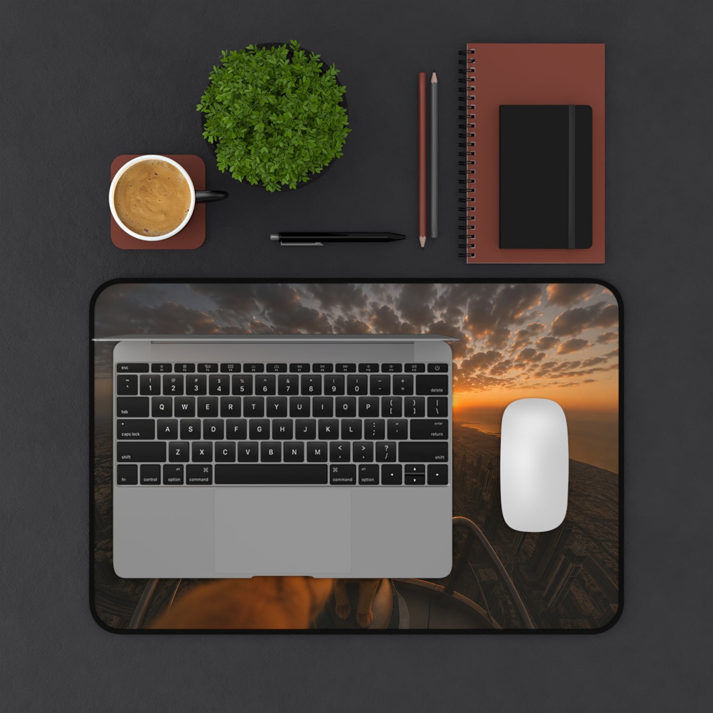 Cat Selfie Desk Mat — Sunset Skyline Adventure Mouse Pad