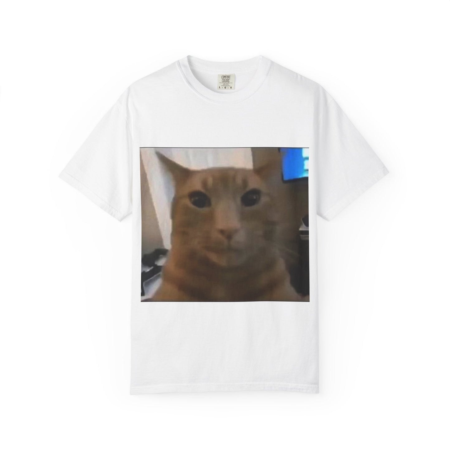 Wide-Eyed Orange Cat photo T-Shirt | Meme Cat Face, Square Print
