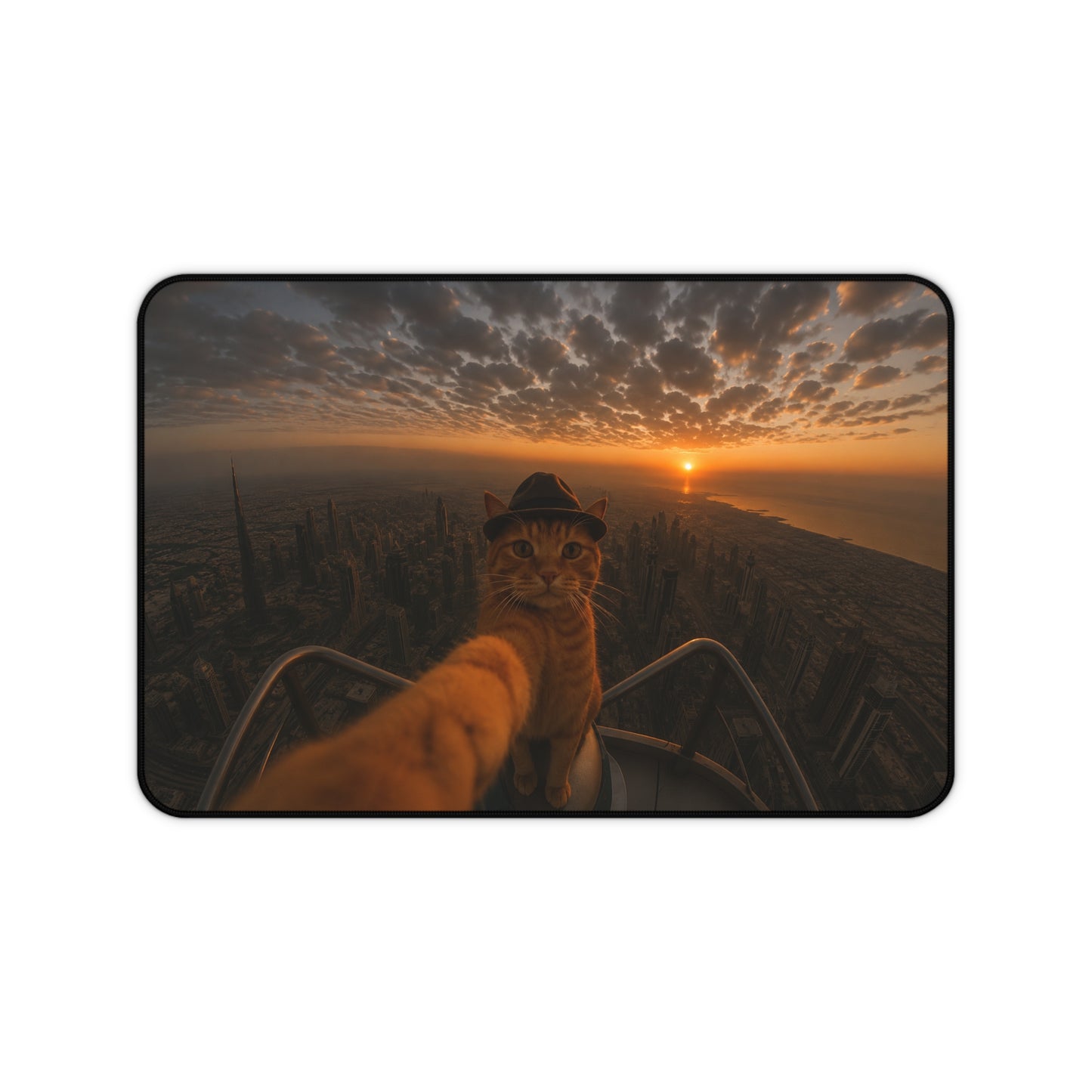 Cat Selfie Desk Mat — Sunset Skyline Adventure Mouse Pad