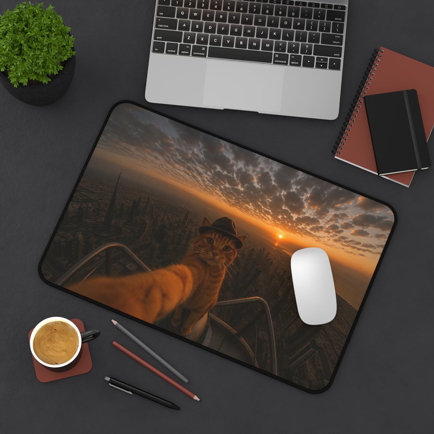 Cat Selfie Desk Mat — Sunset Skyline Adventure Mouse Pad