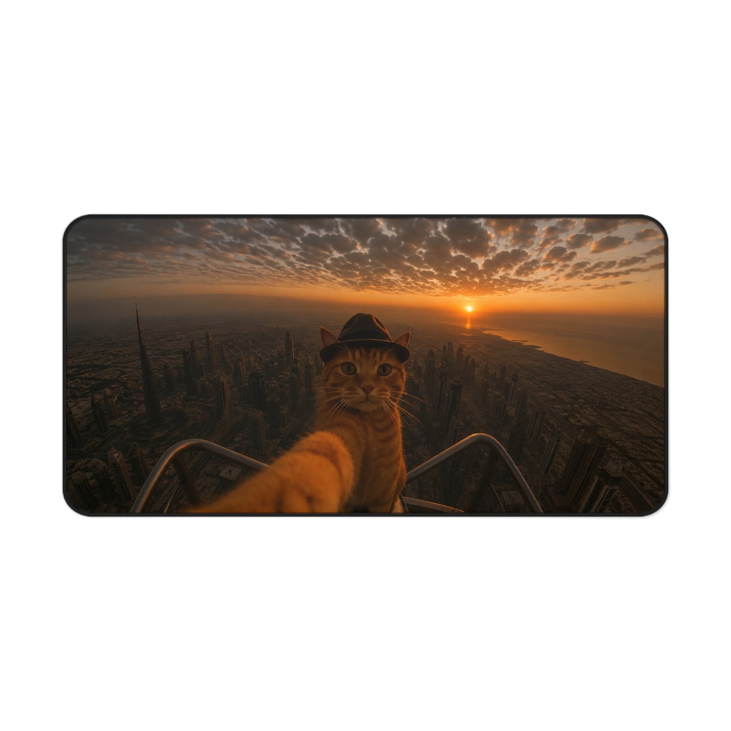 Cat Selfie Desk Mat — Sunset Skyline Adventure Mouse Pad