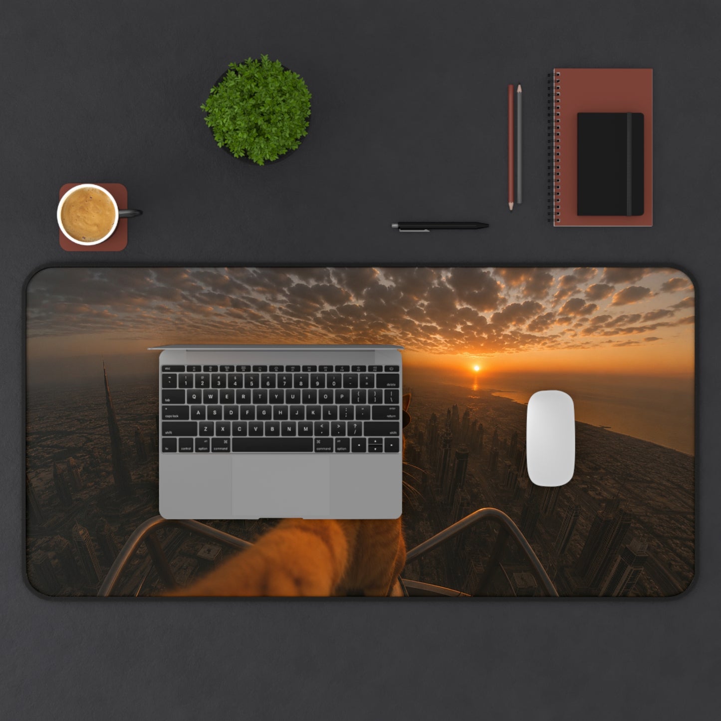 Cat Selfie Desk Mat — Sunset Skyline Adventure Mouse Pad