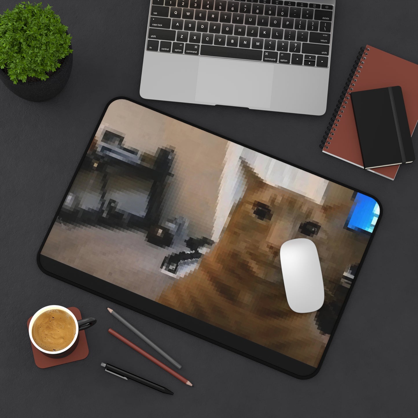 Cute  Pixelated Orange Cat Desk Mat — Funny Meme Cat Mouse Pad for Home/Office