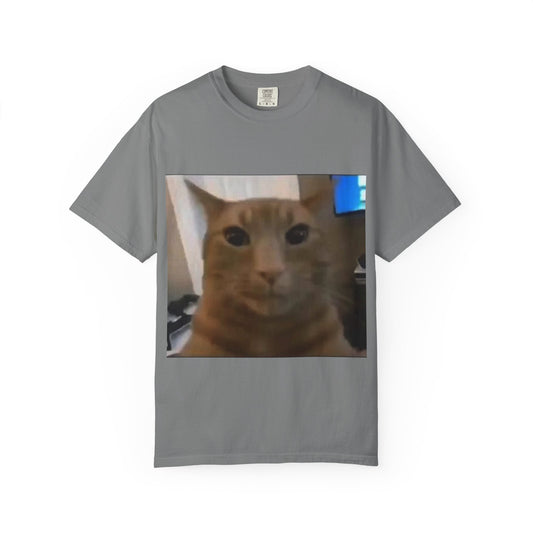 Wide-Eyed Orange Cat photo T-Shirt | Meme Cat Face, Square Print