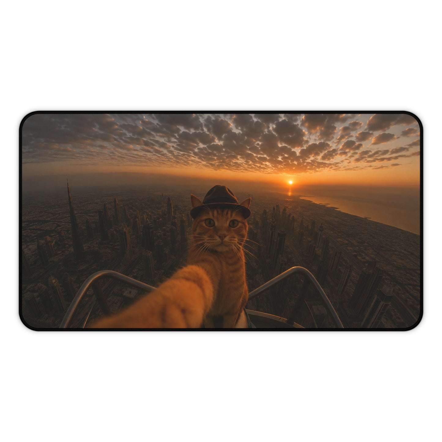 Cat Selfie Desk Mat — Sunset Skyline Adventure Mouse Pad
