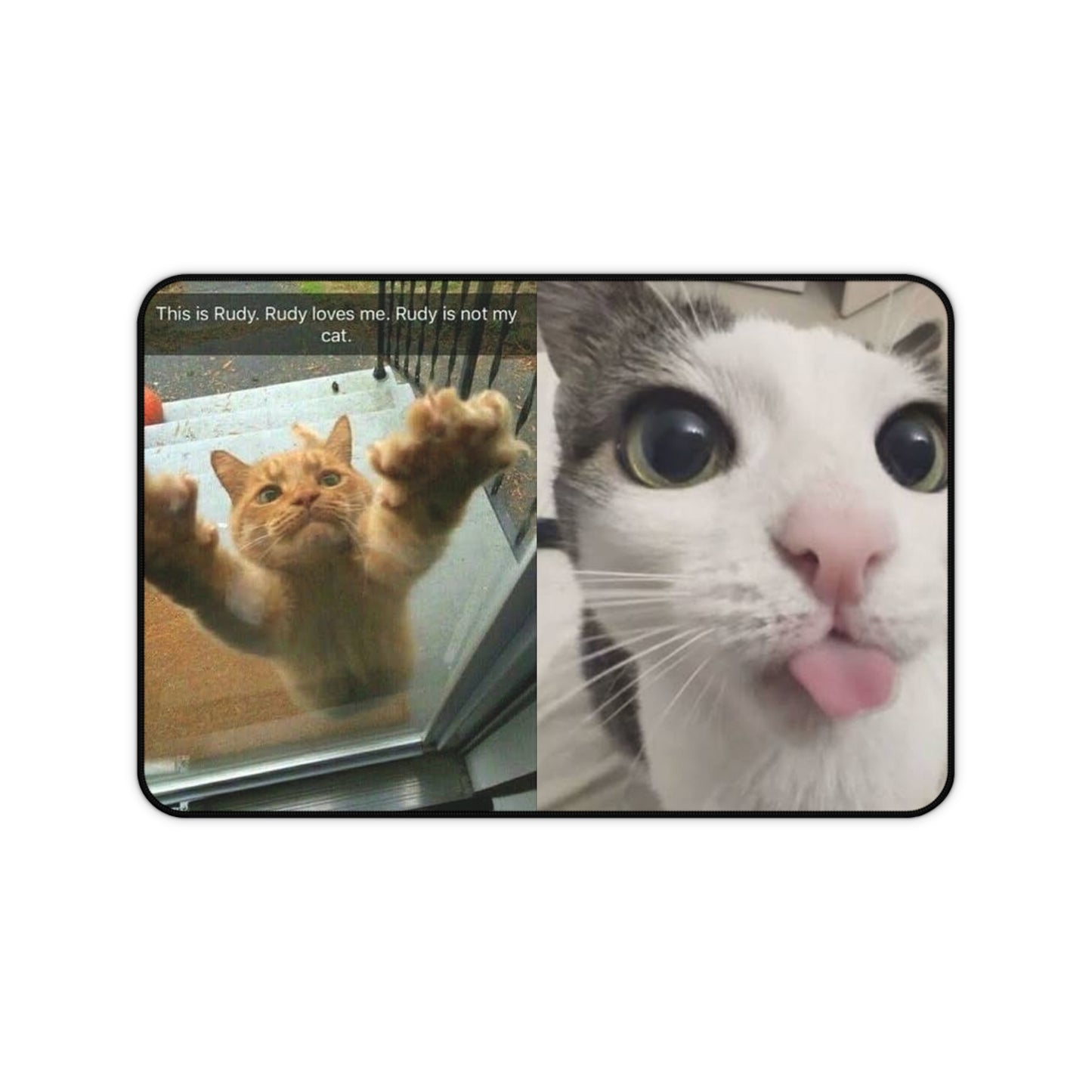 Funny Cat Meme Desk Mat — “This is Rudy, Rudy loves me. Rudy is not my cat.”