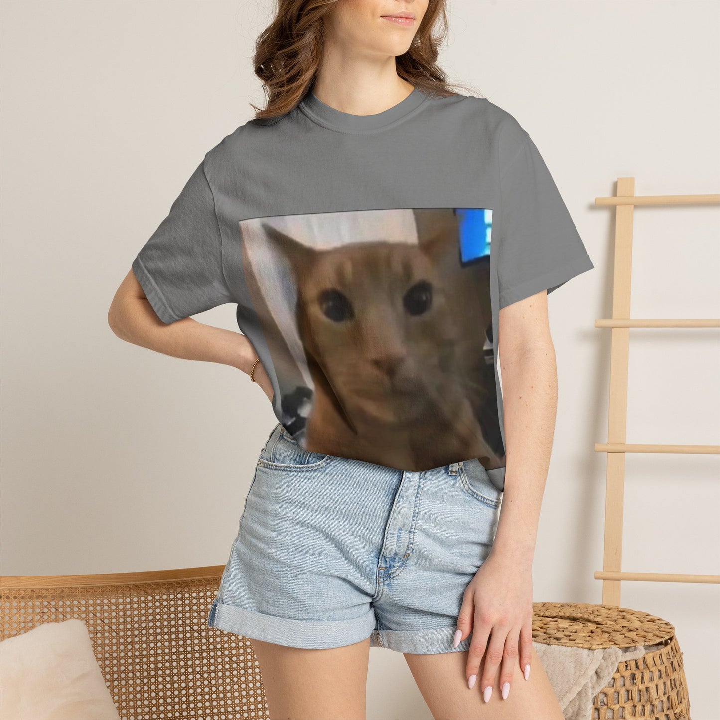 Wide-Eyed Orange Cat photo T-Shirt | Meme Cat Face, Square Print