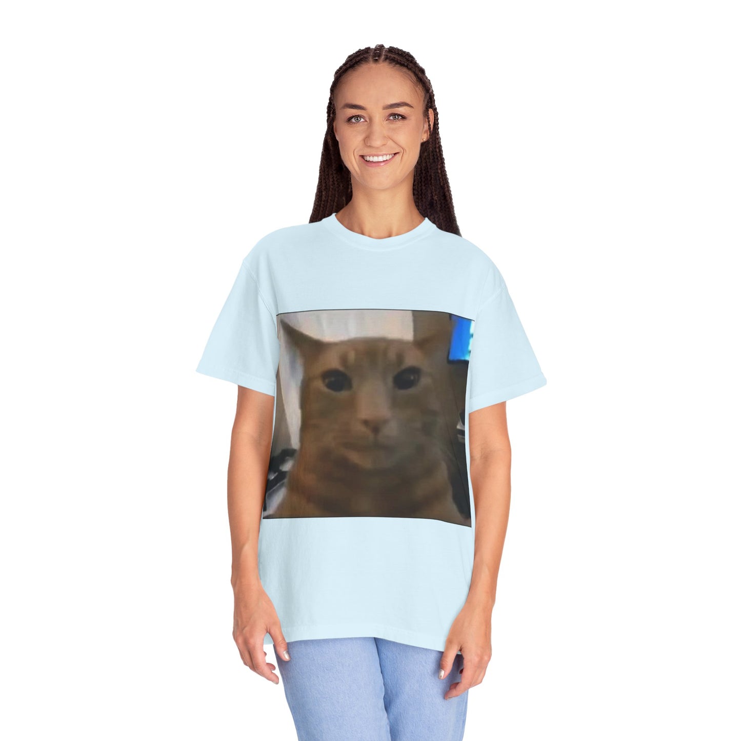 Wide-Eyed Orange Cat photo T-Shirt | Meme Cat Face, Square Print