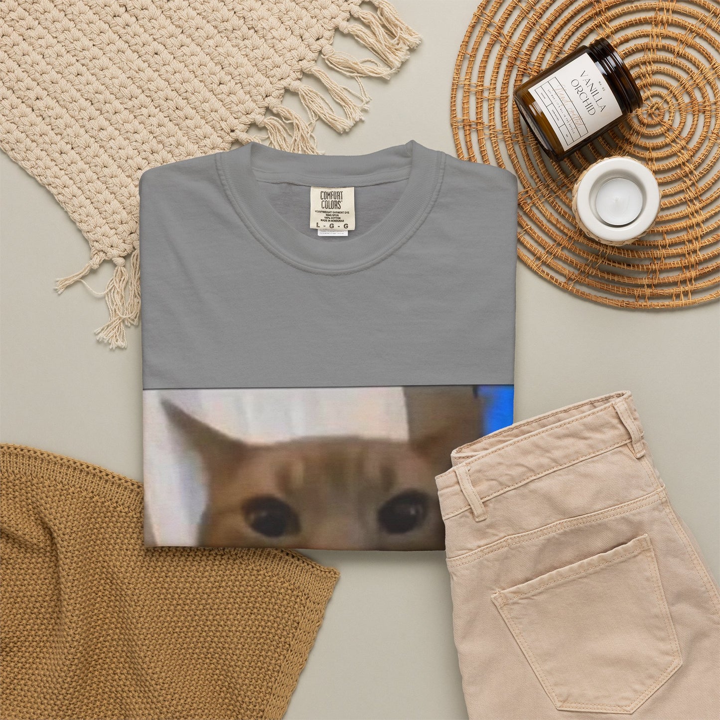 Wide-Eyed Orange Cat photo T-Shirt | Meme Cat Face, Square Print