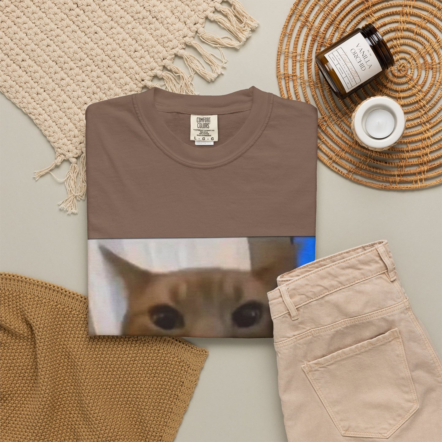 Wide-Eyed Orange Cat photo T-Shirt | Meme Cat Face, Square Print