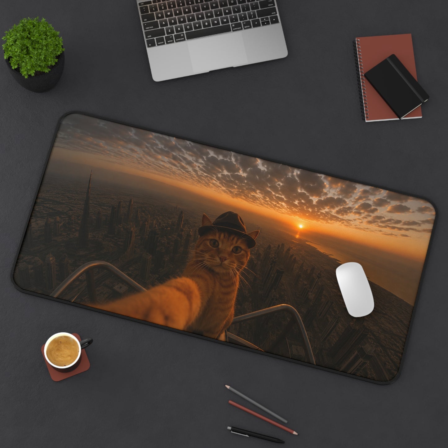 Cat Selfie Desk Mat — Sunset Skyline Adventure Mouse Pad