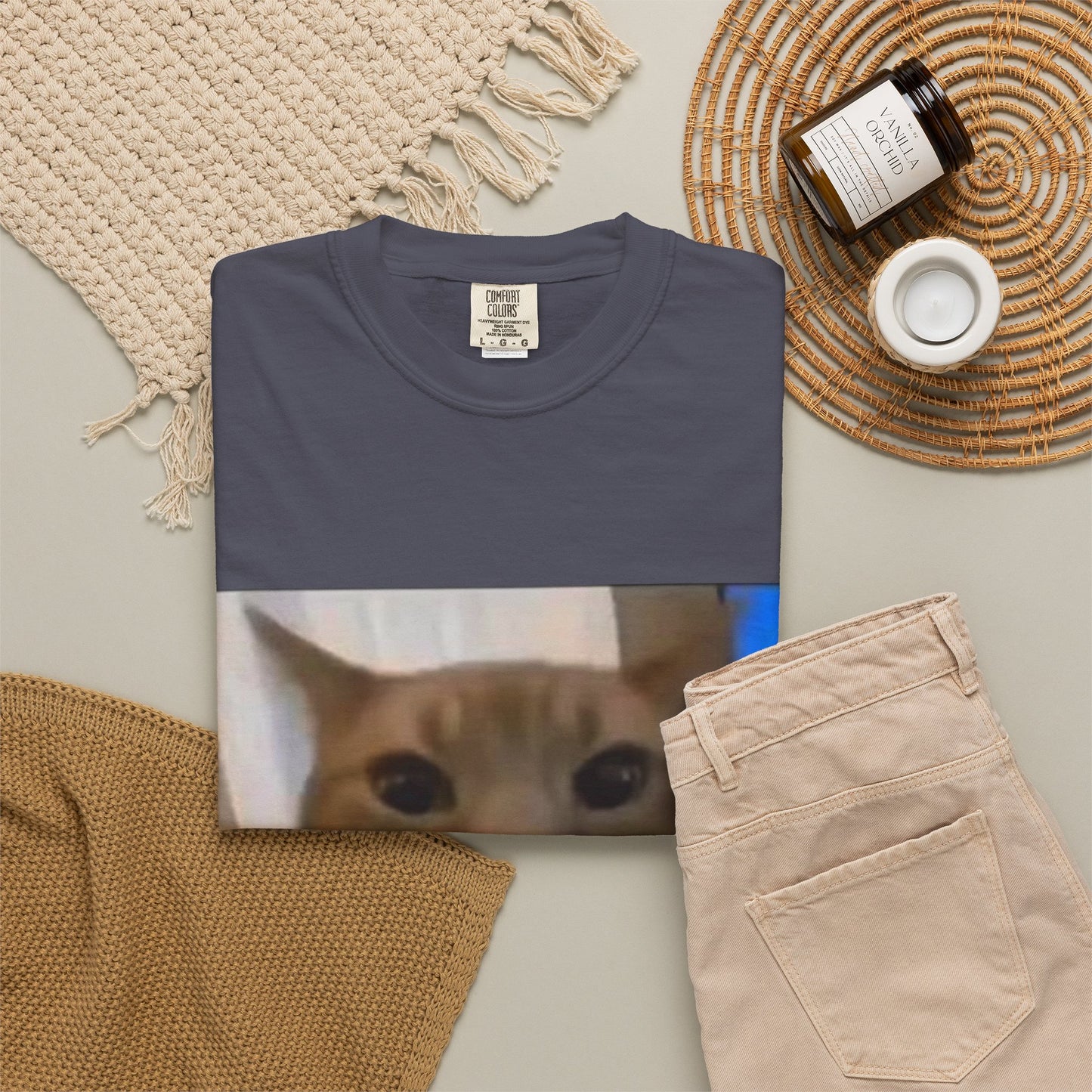 Wide-Eyed Orange Cat photo T-Shirt | Meme Cat Face, Square Print