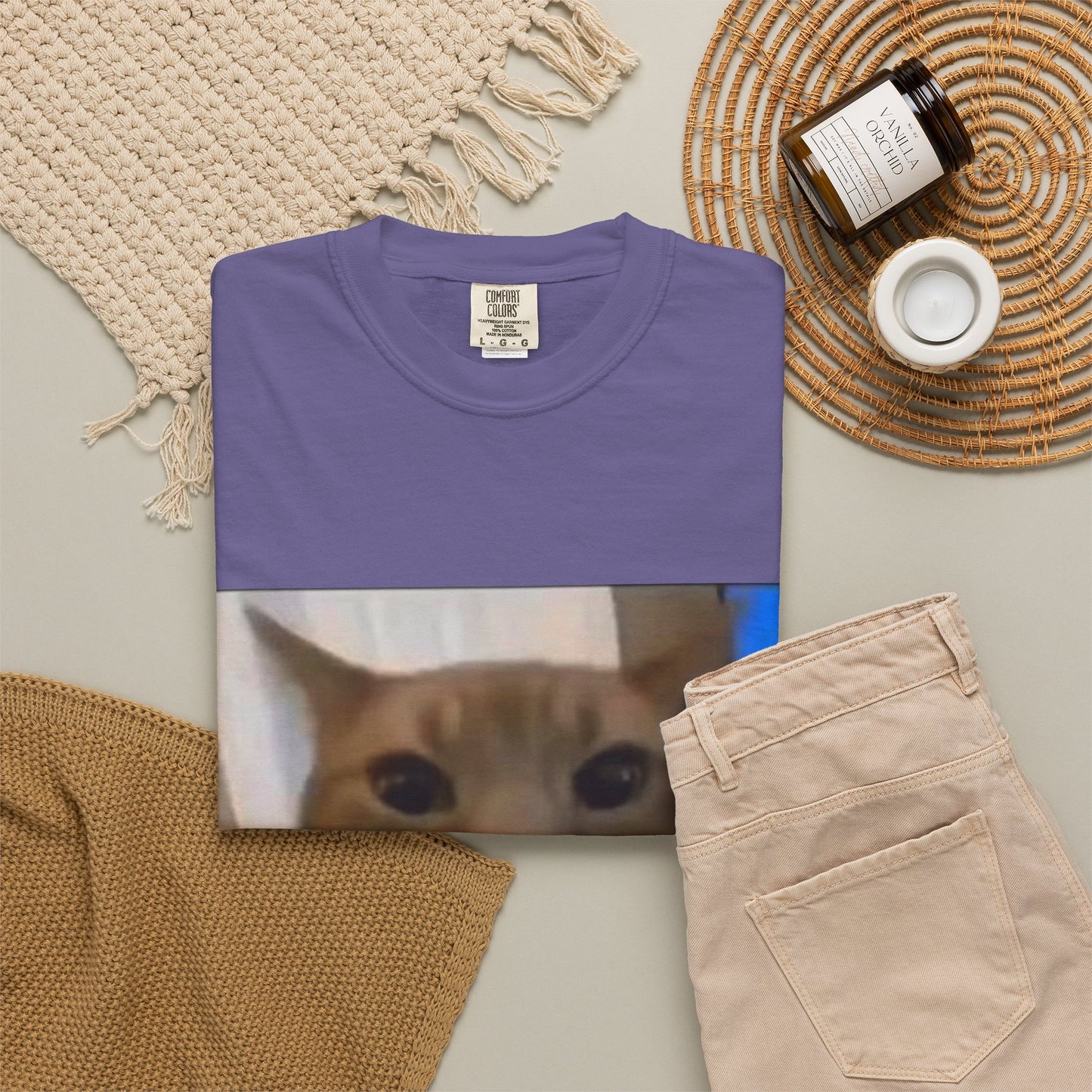 Wide-Eyed Orange Cat photo T-Shirt | Meme Cat Face, Square Print