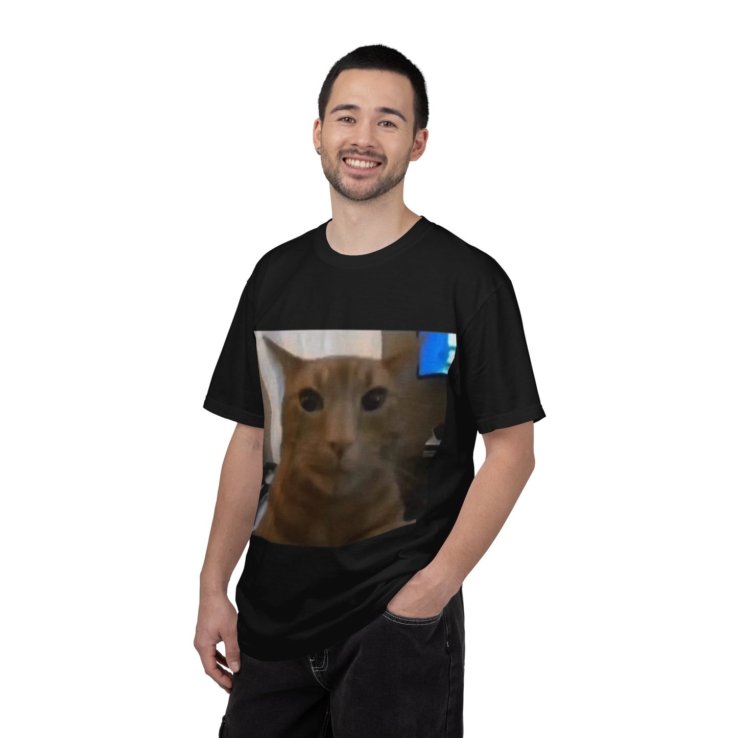 Wide-Eyed Orange Cat photo T-Shirt | Meme Cat Face, Square Print